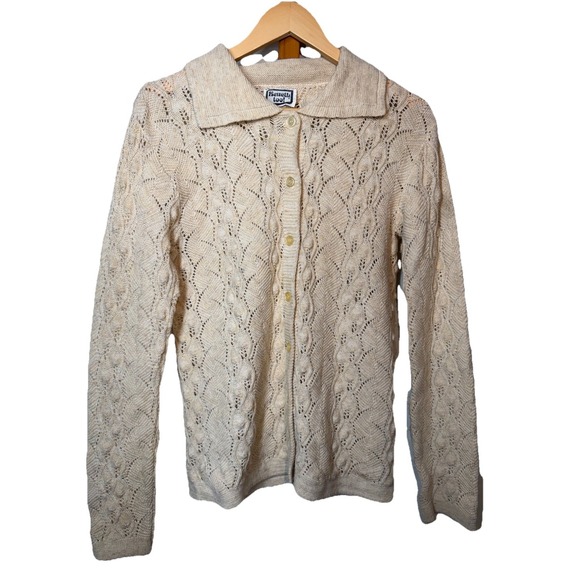 Vintage 70s Ivory Acrylic Crochet Knit Granny Button Up Cardigan Sweater S/M - Picture 2 of 8